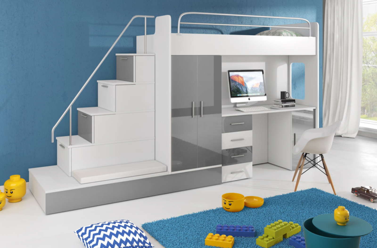 Children Kids High Sleeper Bunk Bed Storage Desk Wardrobe