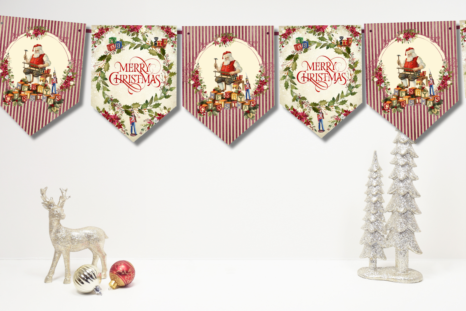 Vintage Style Merry Christmas Santa's Toy Workshop Bunting/Banner & Ribbon