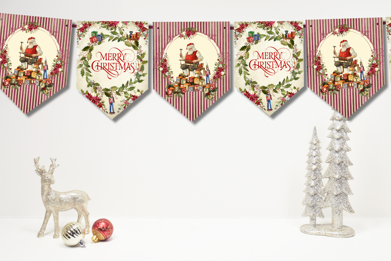 Vintage Style Merry Christmas Santa's Toy Workshop Bunting/Banner & Ribbon Vintage Style Merry Christmas Santa's Toy Workshop Bunting/Banner & Ribbon