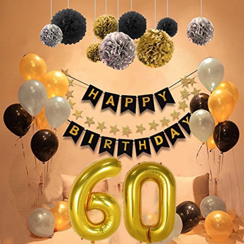 60th Birthday Party Decorations Kit Gold Number 60 Ballon 30pcs