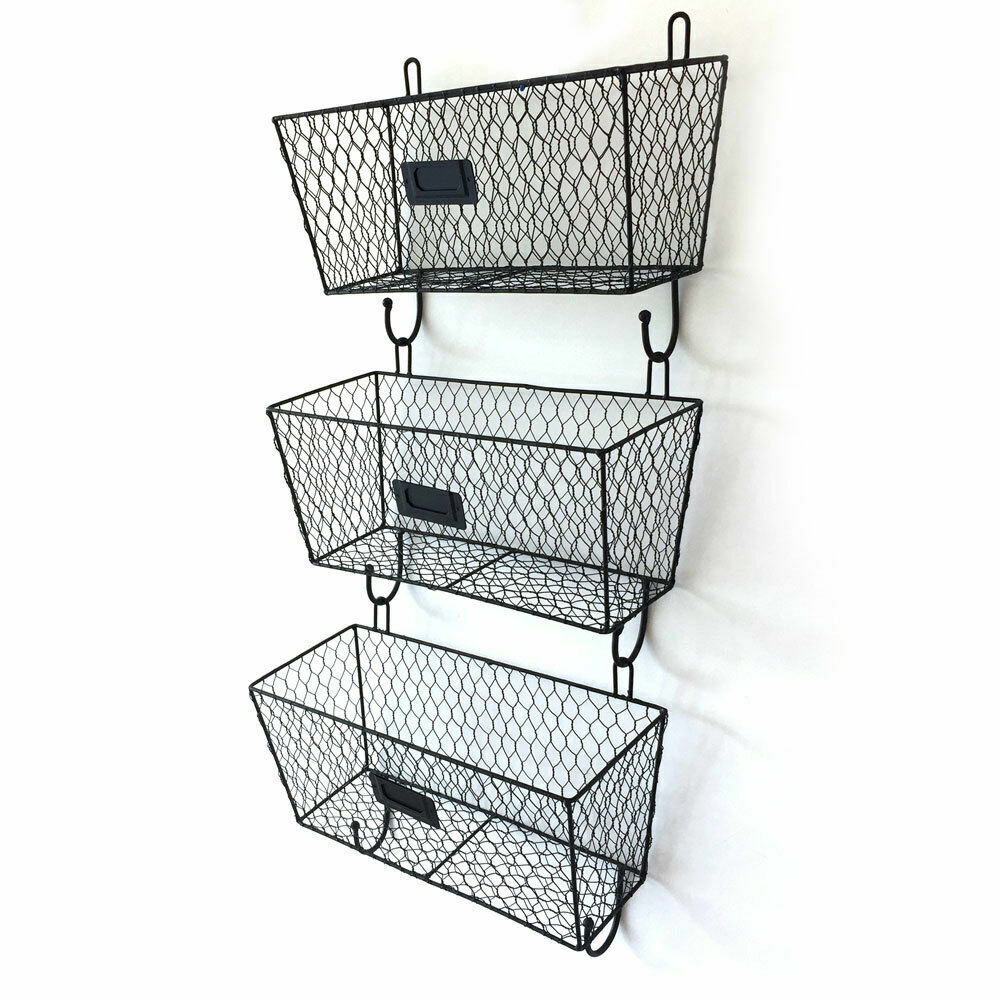 3x Wall Mount Rack Basket Holder Storage Metal Wire Tier Bin Fruit Shelf Kitchen