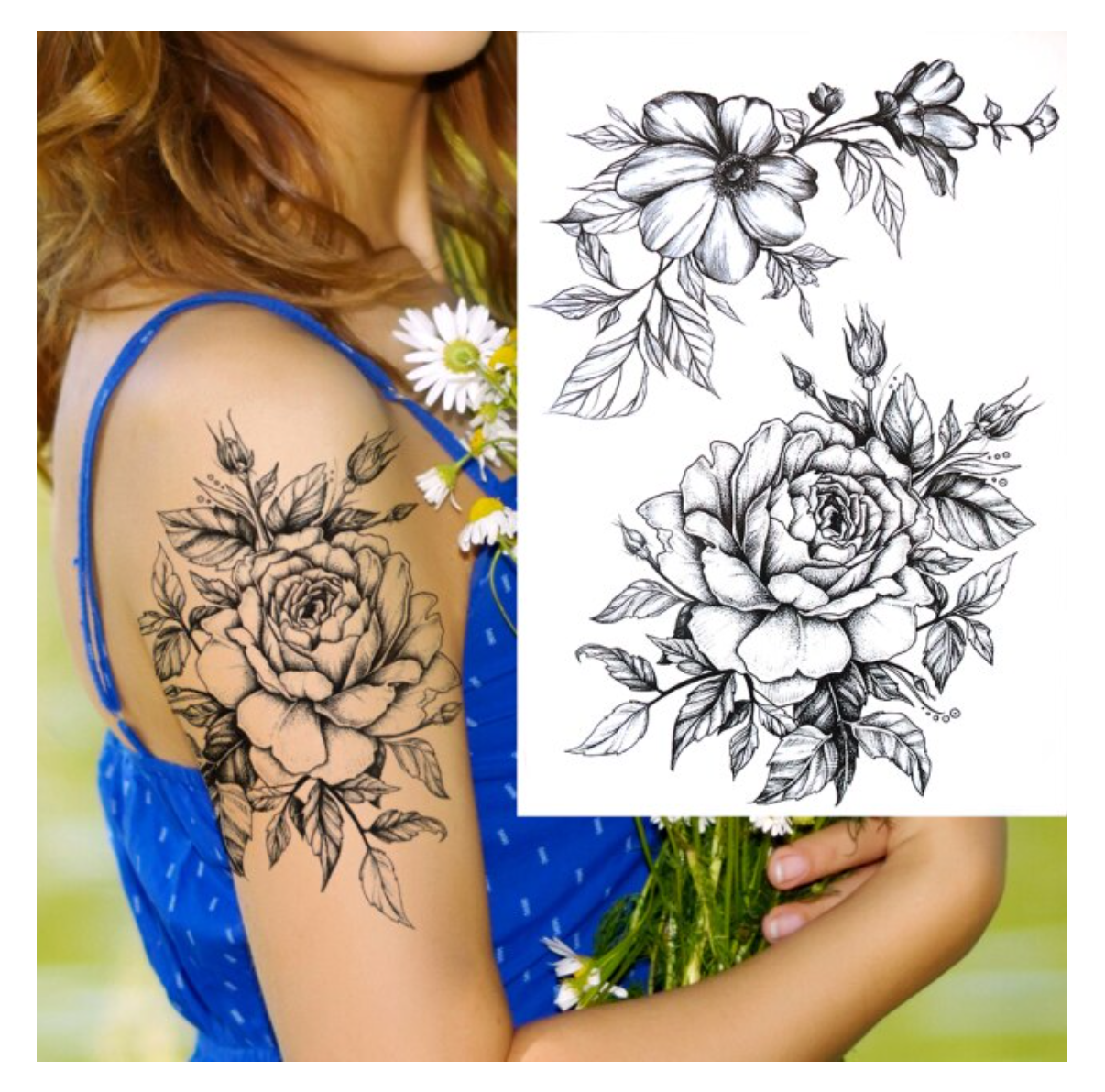 BLUMEN TEMPORÄRES KLEBE Tattoo Tätowierung Fake Körperkunst Sticker