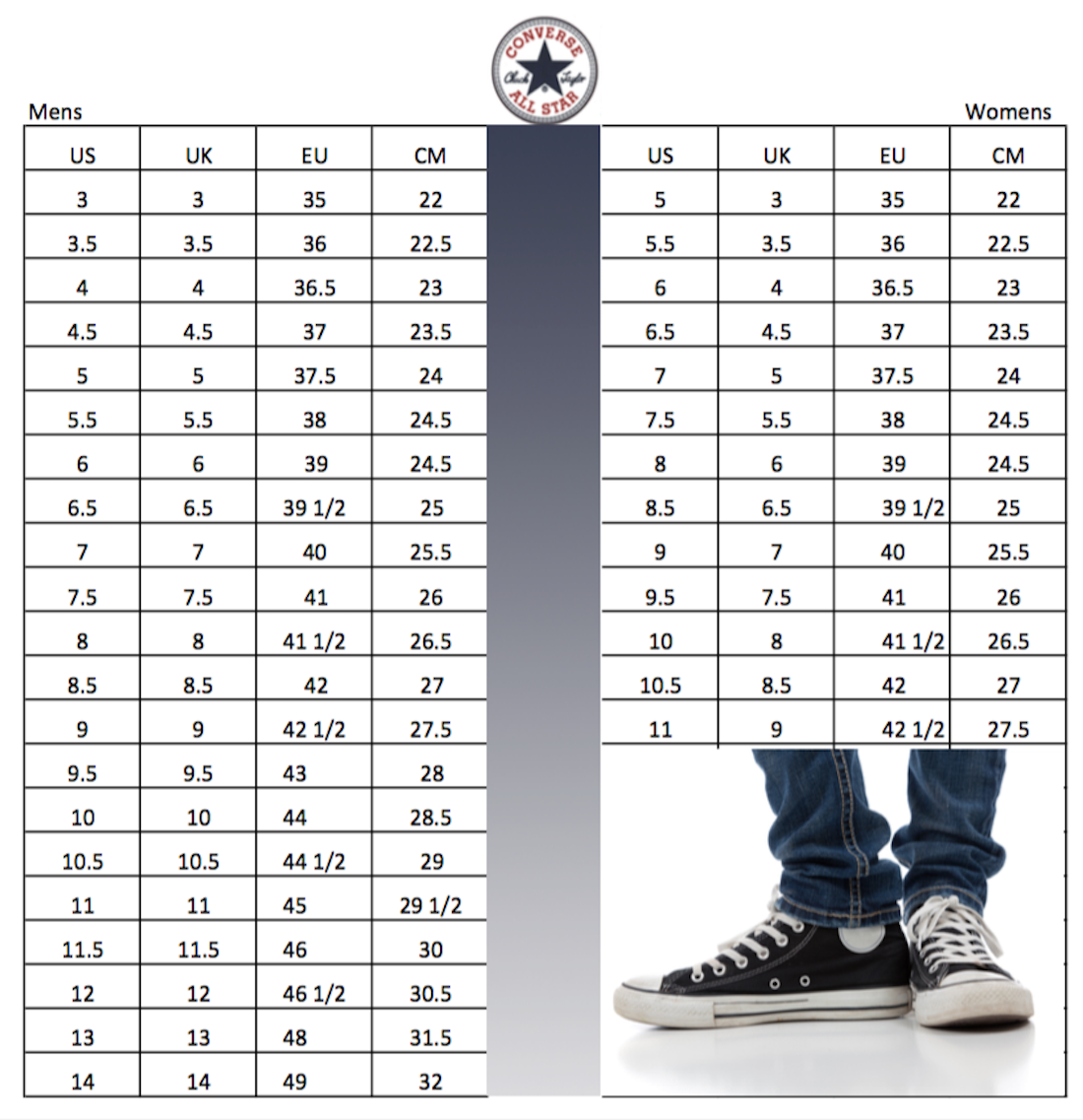 converse size chart women's