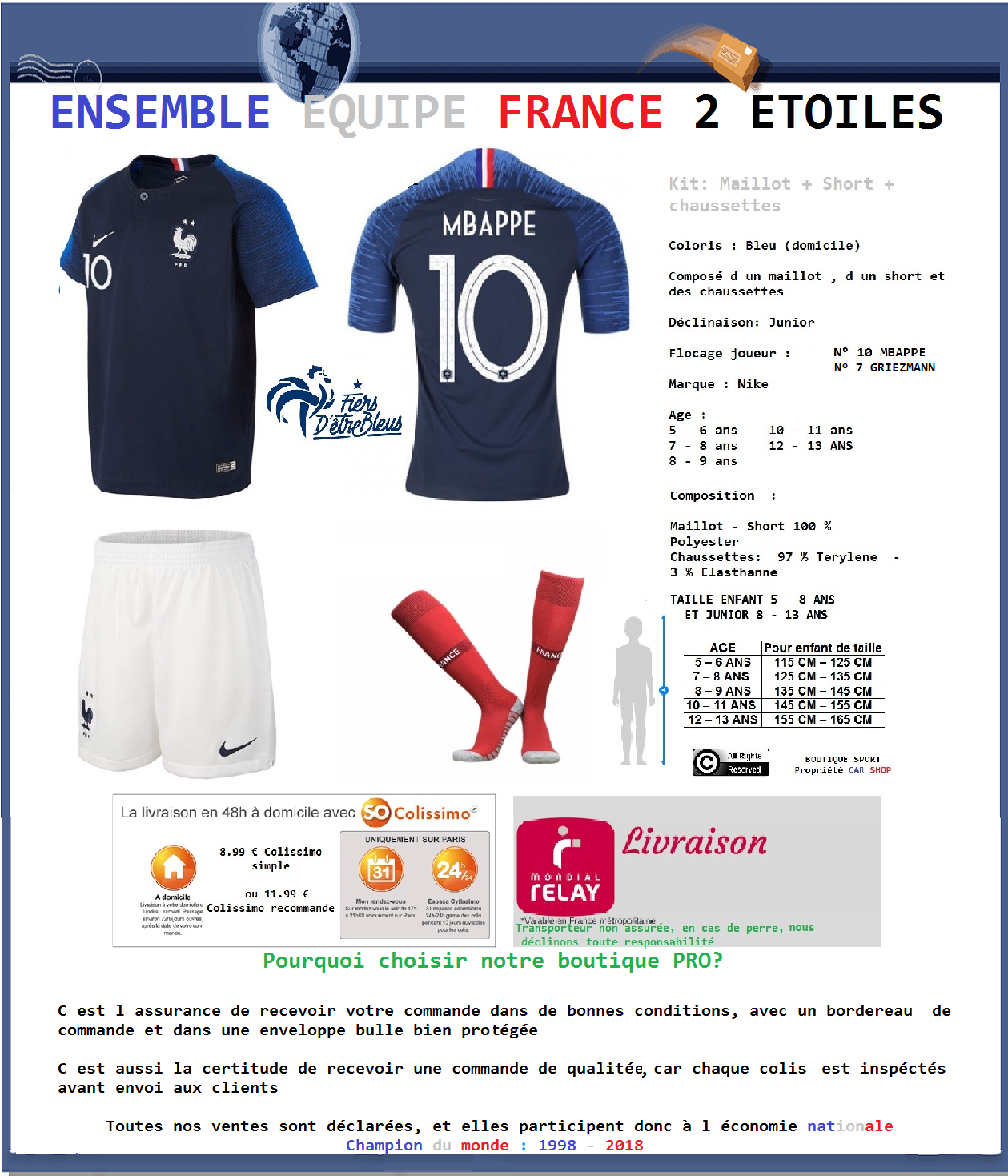 Ensemble Maillot Short Chaussette Equipe De France 2 étoiles