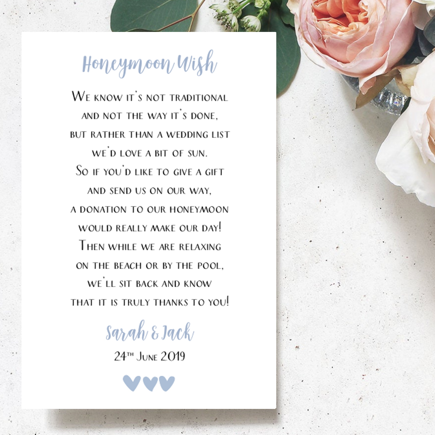 Honeymoon Wish Poems Card 30 Personalised Wedding Money Poem Gift