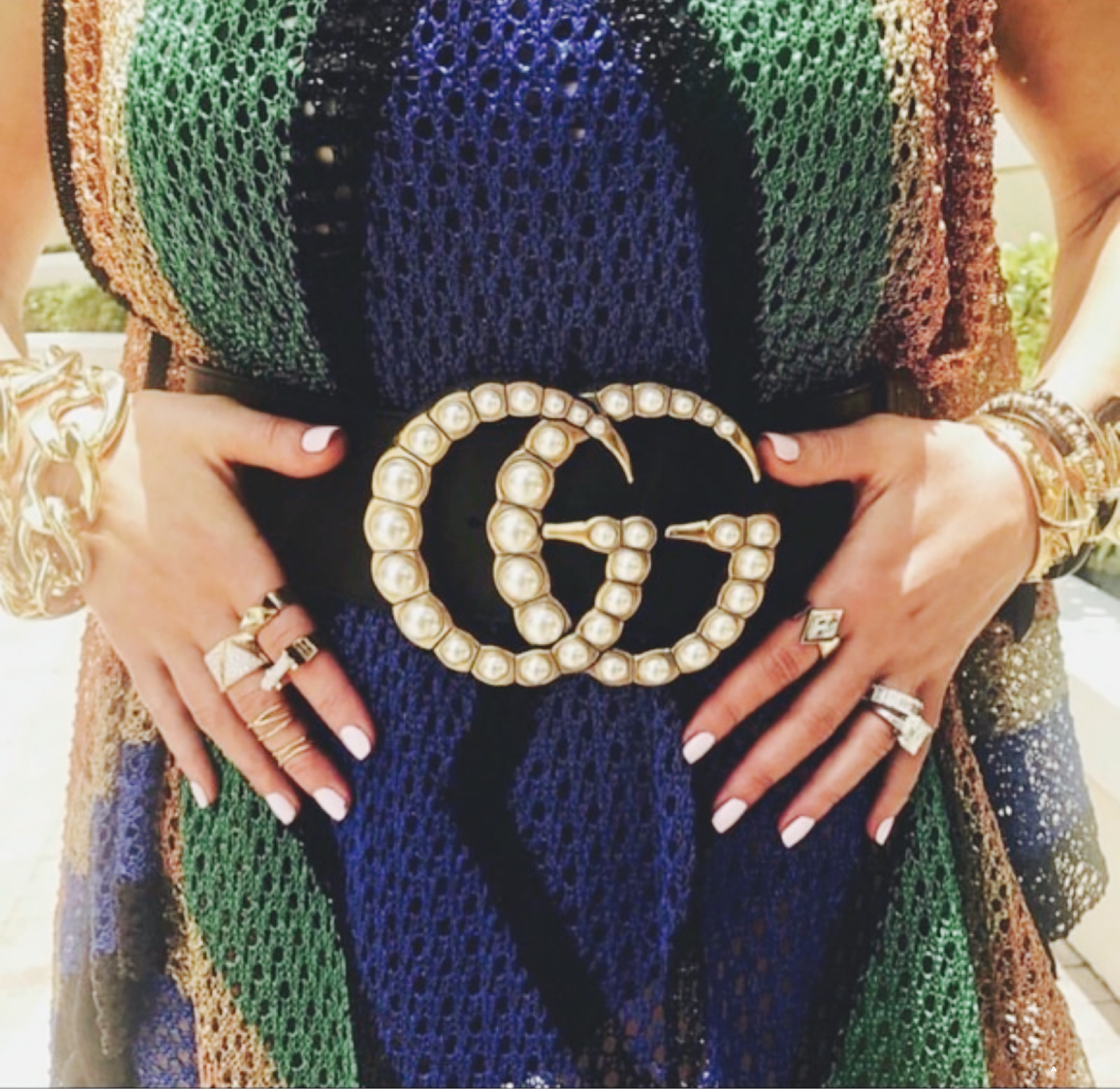 wide leather belt with pearl double g