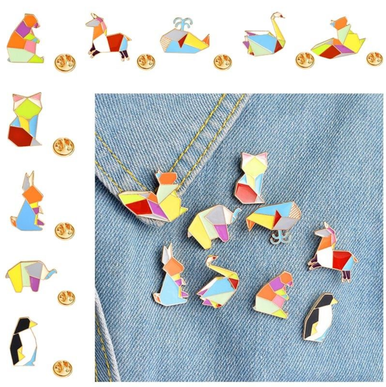 9 X Cartoon Origami Tiere Metall Emaille Knöpfe Anstecker