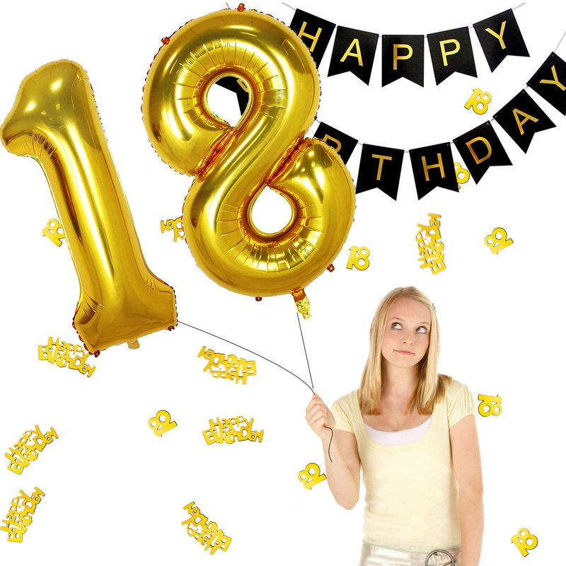 iZoeL 18 ans déco anniversaire Or noir bannière joyeux anniversaire ballon hé...