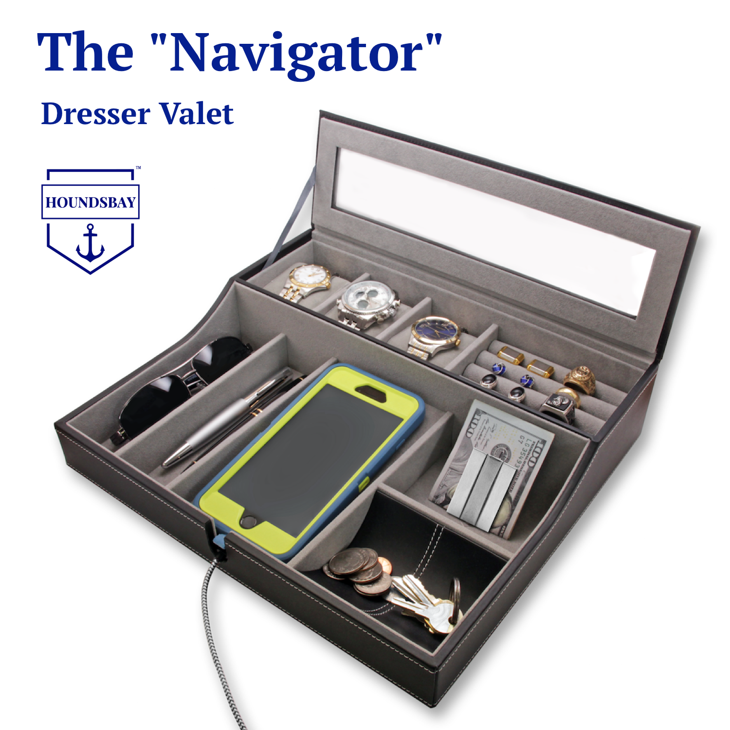 Houndsbay Navigator Dresser Top Valet Tray Organizer For Men W