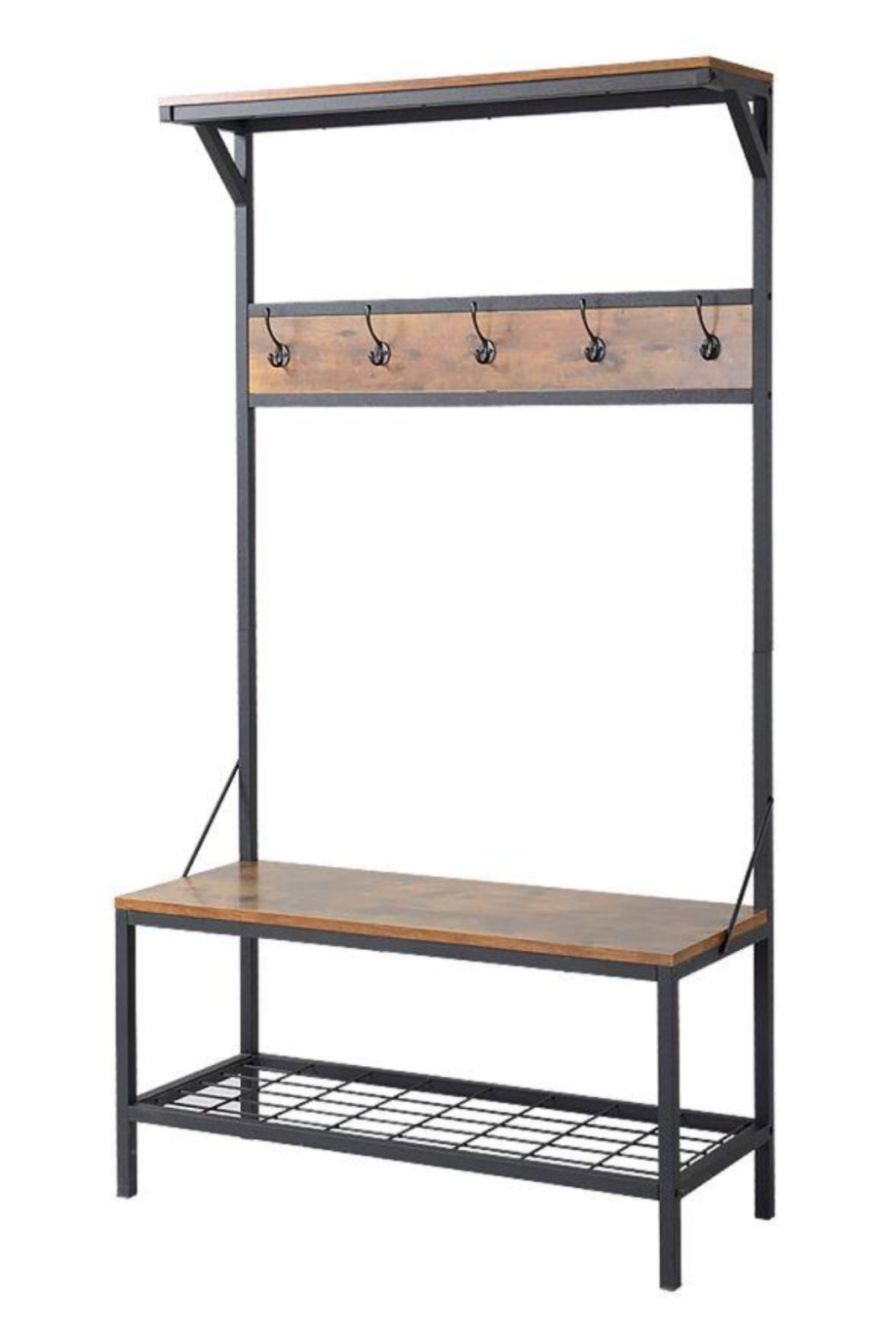 3 Shelf Hall Tree Coat Rack Antique Wood 5 Hook Entry Bench