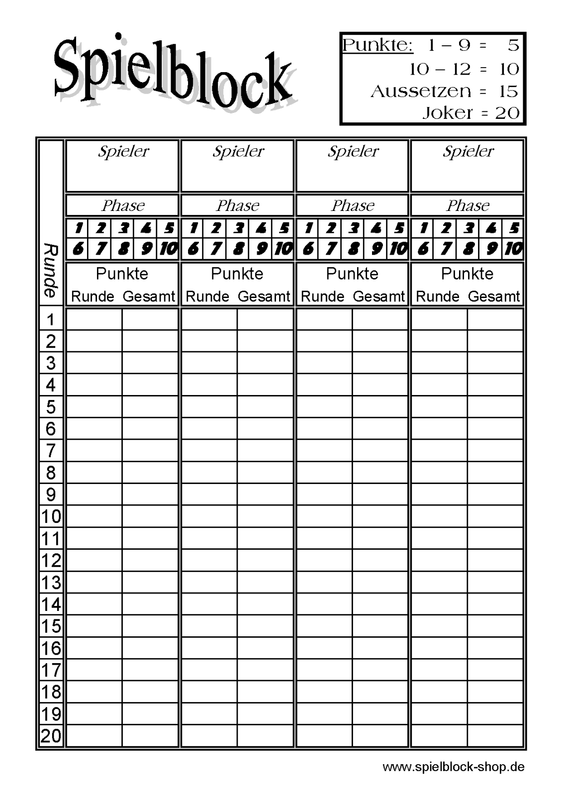Spielblock Phase 10 Spielblock Phase 10