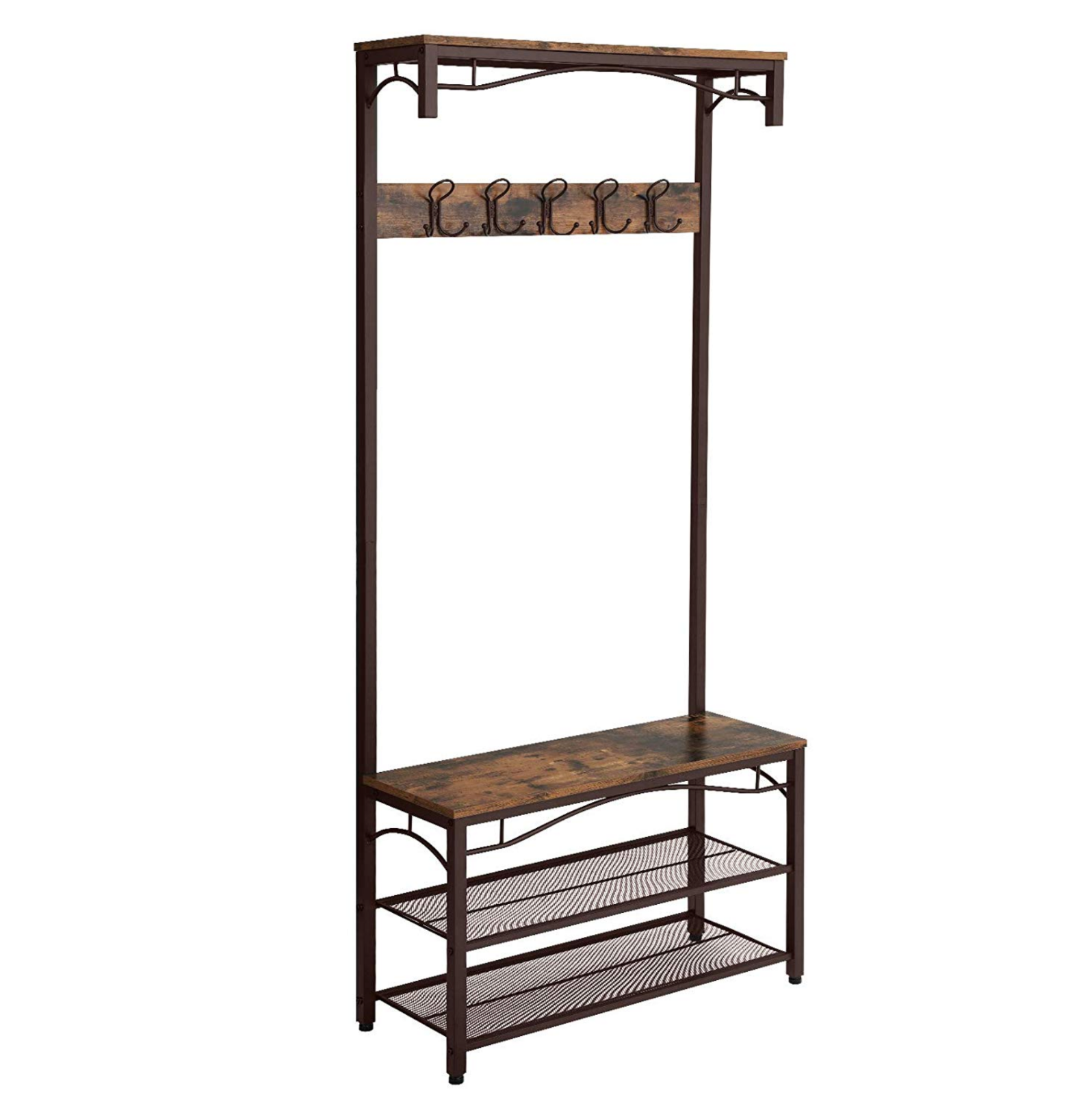 Rustic Brown Metal Hall Tree Wooden Bench Coat Rack Entryway