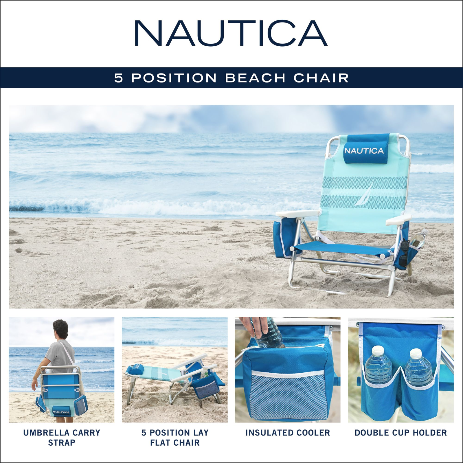 Nautica 5 Position Outdoor Patio Folding Blue Beach Chair With Cup Holder 69 99 Picclick