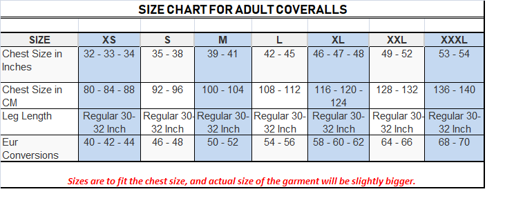 Coverall Size Chart Uk