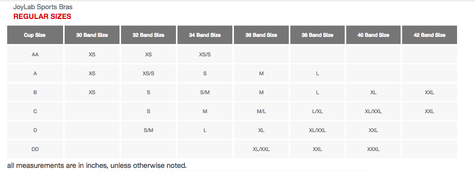 Joylab Sports Bra Size Chart