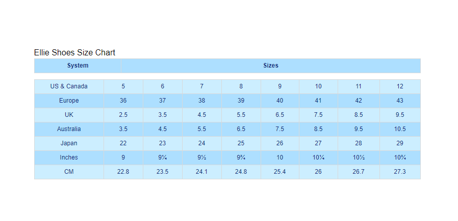 Ellie Shoes Size Chart