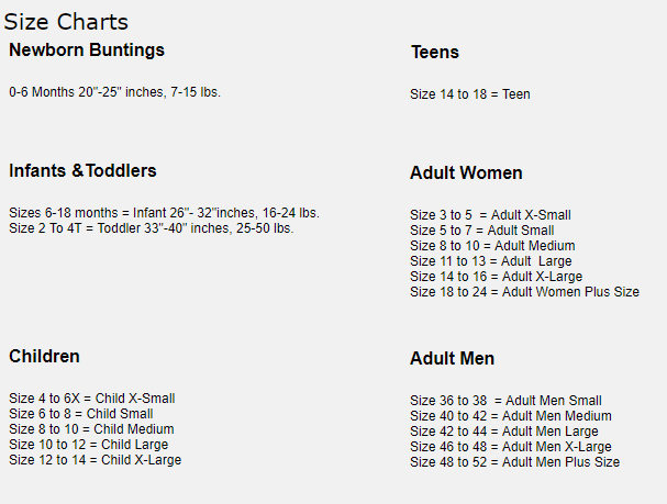 Charades Costume Size Chart