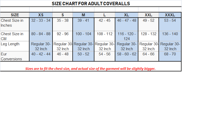 Boiler Suit Mens Size Chart