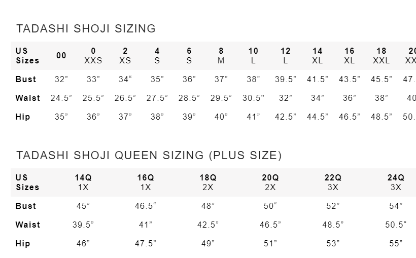 Tadashi Size Chart