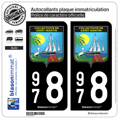 2 Stickers autocollant plaque immatriculation Tourisme 978 Saint Martin