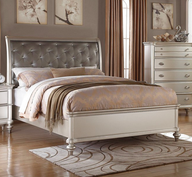 4 Pc Silver Queen Bedroom Set Platform Bed Diamond Tufted