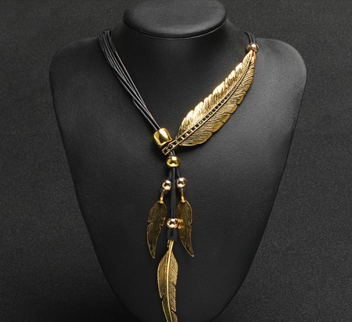 Kette Collier Anhänger Federn Halskette Gold Boho Ethno Hippi Tibet Silber