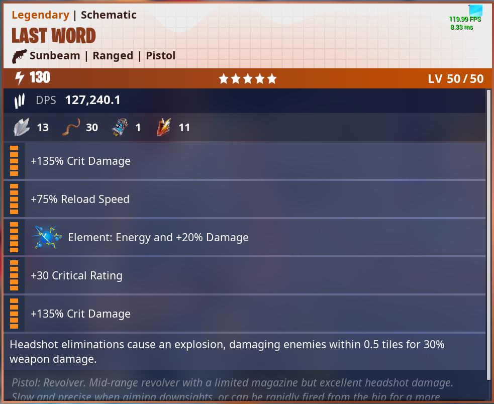 fortnite save the world 130pl last word max perks best weapon - fortnite best element perk