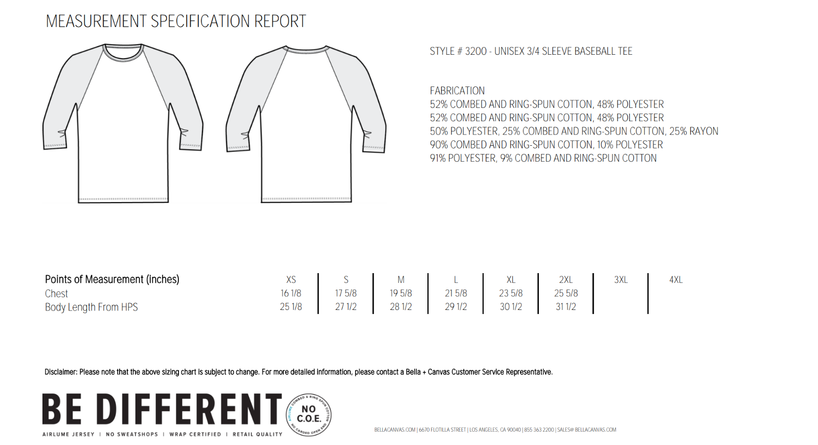 Bella Canvas Unisex Tee Size Chart