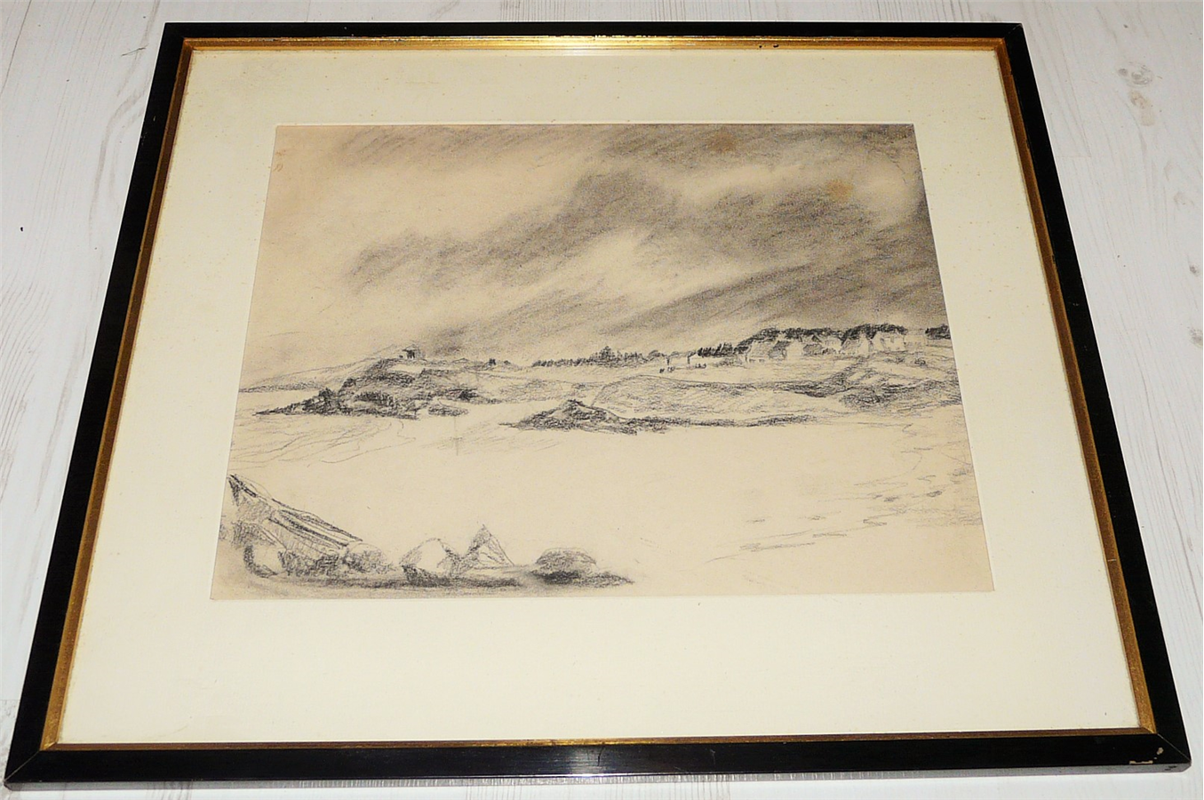 Paysage De Plage Dessin Au Crayon Ancien Encadré Eur 1500