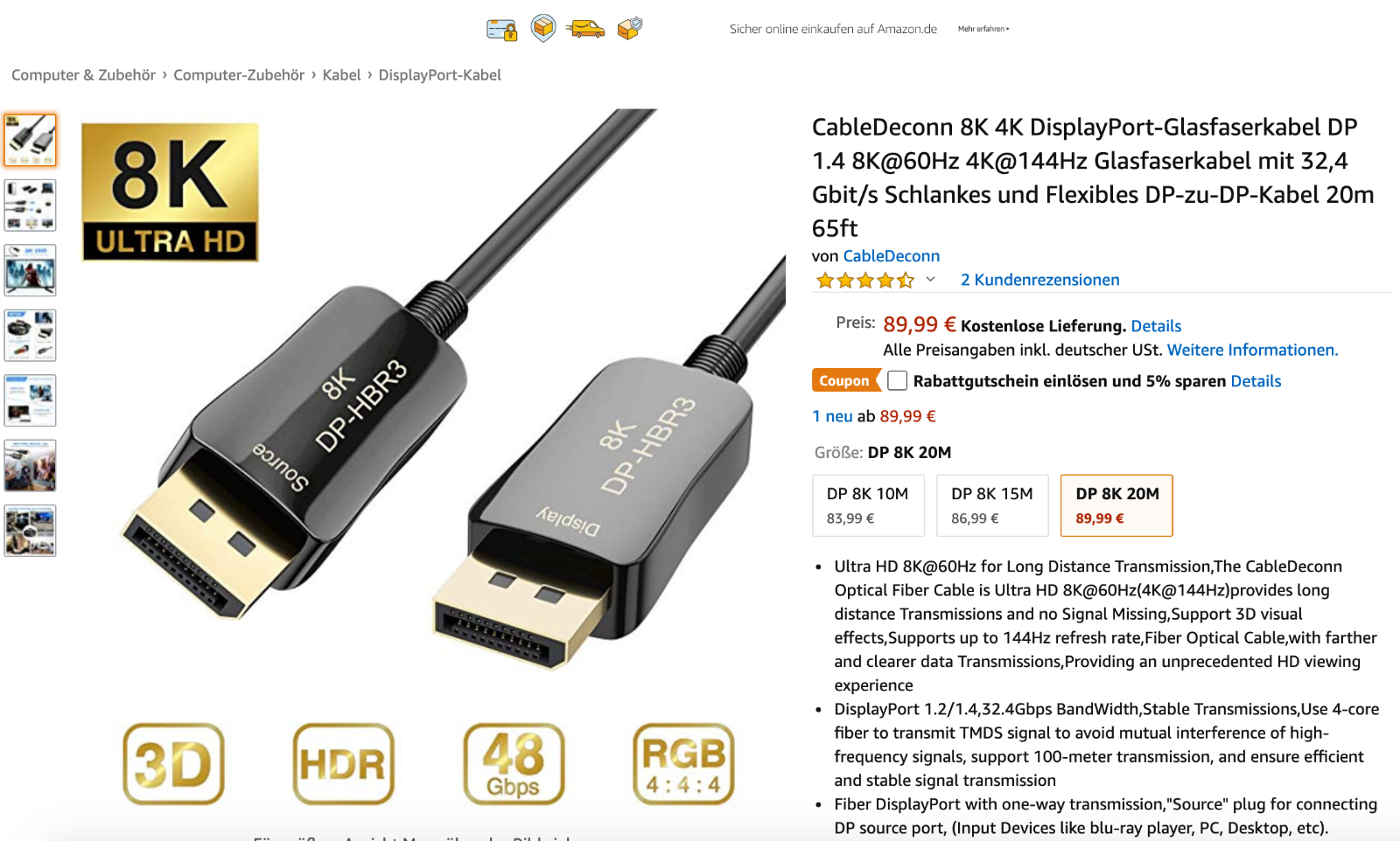 8k Displayport Glasfaserkabel Dp 1 4 8k 60hz 4k 144hz Glasfaserkabel m 32 4 Gb Eur 74 99 Picclick De