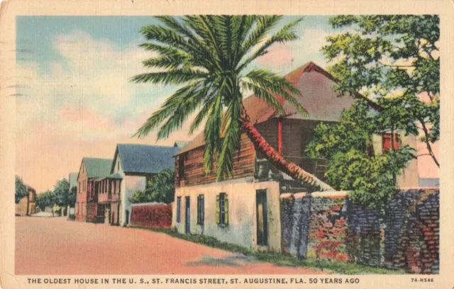 St Augustine Florida, Oldest House in US, St Francis Street, Vintage Postcard