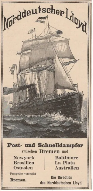 Reederei Norddeutscher Lloyd Postdampfer Schnelldampfer REKLAME Werbung von 1888