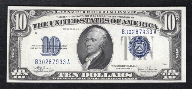 1934-C $10 Ten Dollars Silver Certificate Currency Note Choice Uncirculated