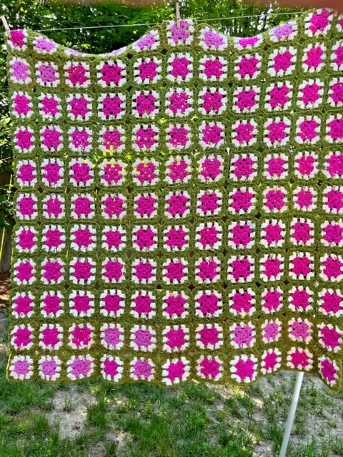 Vintage Handmade Crochet Granny Square Green Pink Afghan Blanket 48 x 48