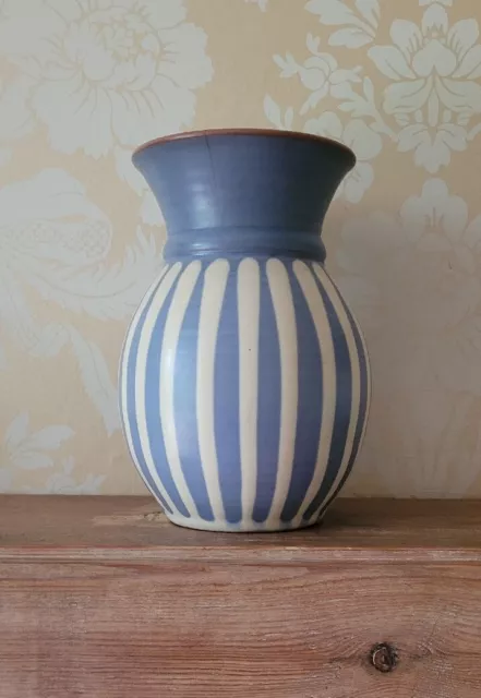 Large Vintage Studio Pottery Prinknash Blue & Cream Striped Vase - WELL USED