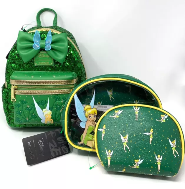 Loungefly Disney TINKER BELL Emerald Green Sequin Mini Backpack~Cosmetic Bag Set