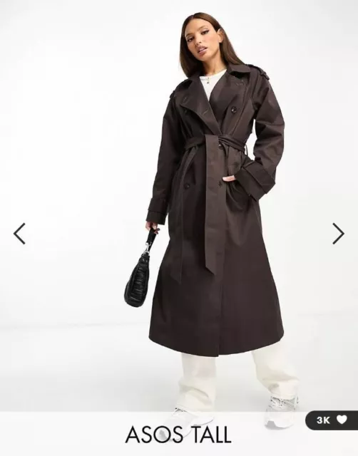 ASOS DESIGN Size 8 EU 36 Tall longline trench coat in chocolate RRP £65