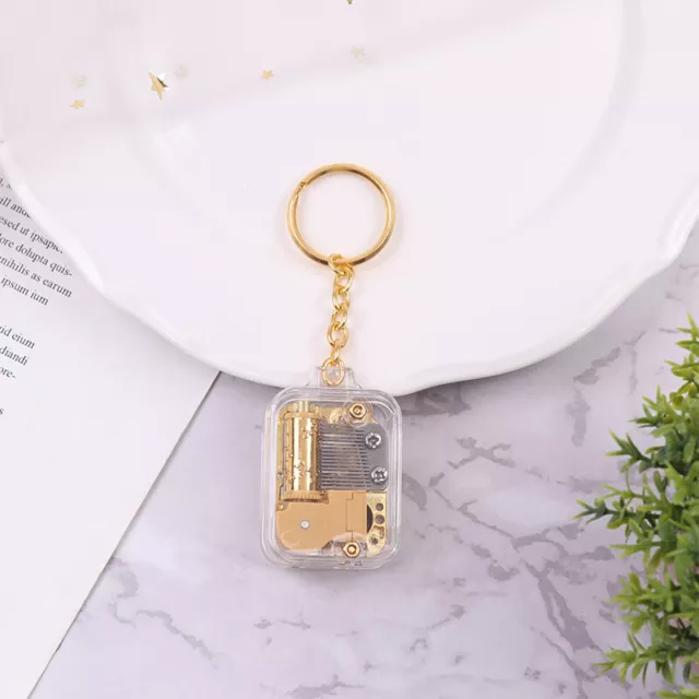 1Pc Mini Gold-Plated Movement Square Key Chain Pendant Handy Crank Music Box