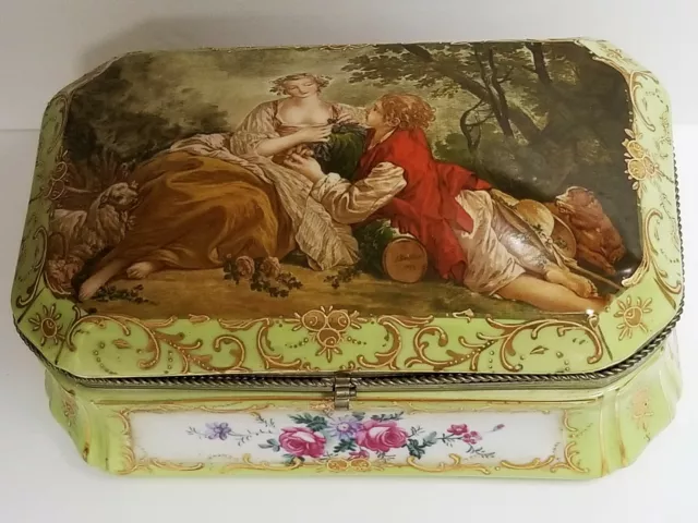 Lg Antique Early 20th Century French Sevres Style Porcelain Hinged 10" BOX