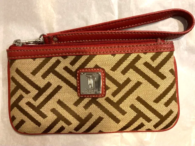 NWOT Tignanello Signature Jacquard Woven Fabric Red Leather Trimmed Wristlet