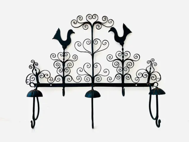 Antique Wrought Iron Hook Rack with Rooster Motifs and Scrollwork Blacksmith