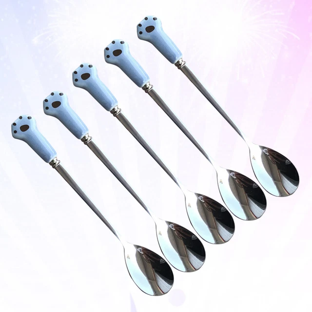 Upkoch 5 piezas cuchara de acero inoxidable cuchara cubiertos con cerámica dibujos animados gato robo
