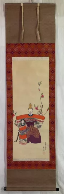 JAPANESE PAINTING Hanging Scroll Hina doll Old Girl peach blossom Japan 201r 2