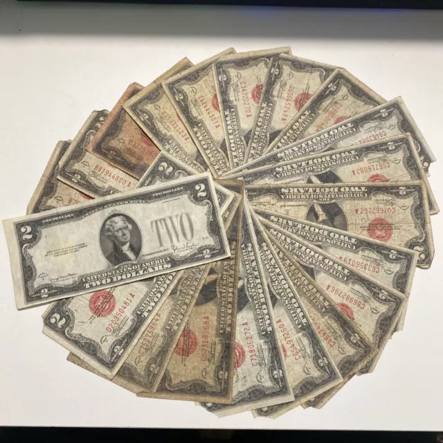 Lot   20 ☆1928 $2 Red Seal Bill Jefferson Dollars ☆Rare Two Old Note Money☆