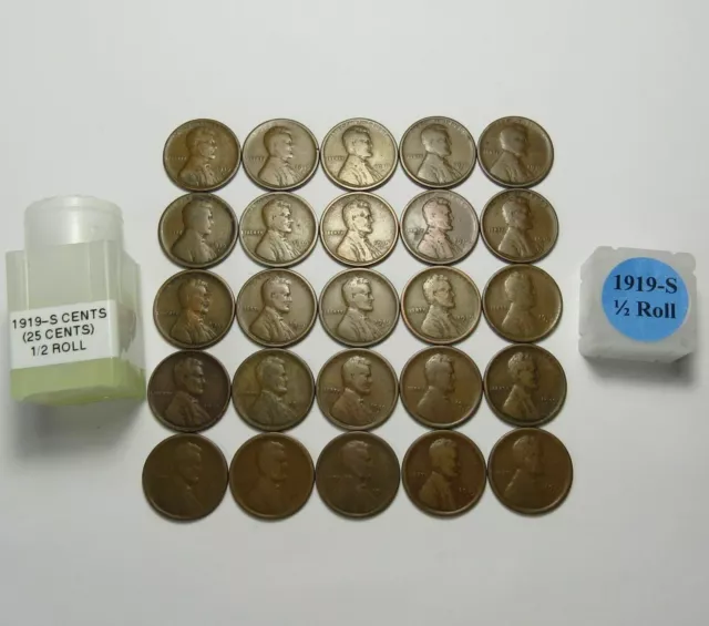 1919-S LINCOLN WHEAT CENTS (HALF ROLL ~ 25 Solid Date Teens) ~ LOT S150