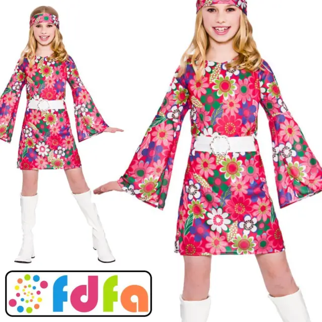 Wicked Retro Peace Hippy Go-Go Girl Kids Childs Girls Fancy Dress Costume