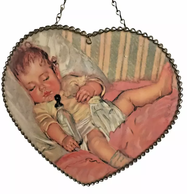 Wall Hanging Sleeping Baby Portrait Print Heart Chain Border/Hanger Rare Vintage