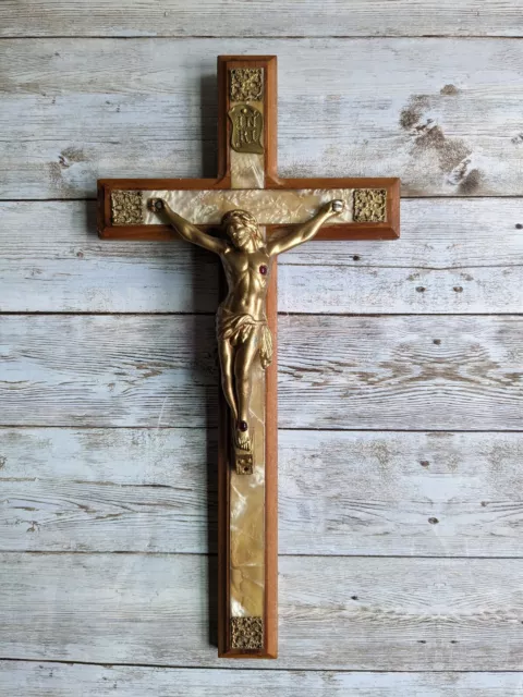 Vintage Wood Crucifix Metal Gilt Jesus Blood Red Glass Stones