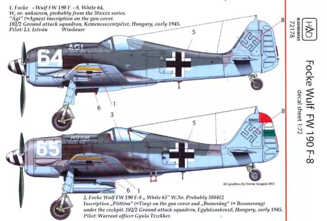 Hungarian Aero Decals 1/72 FOCKE WULF Fw-190F-8 White 64 & White 65 Fighters