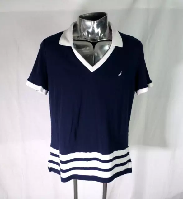 Women's Nautica Polo Shirt Top Size XL Navy Blue Collared V-Neck Short Sleeve